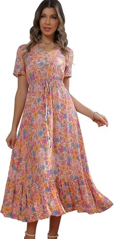 فستان نسائي طويل بوهيمي زهري كاجوال بأزرار سفلية للصيف فضفاض وخصر إمبراطوري فستان متأرجح عتيق in Kuwait