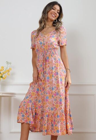 فستان نسائي طويل بوهيمي زهري كاجوال بأزرار سفلية للصيف فضفاض وخصر إمبراطوري فستان متأرجح عتيق in Kuwait