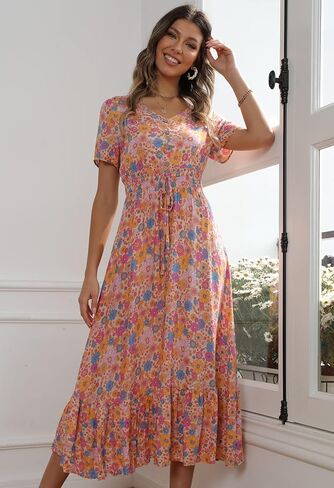 فستان نسائي طويل بوهيمي زهري كاجوال بأزرار سفلية للصيف فضفاض وخصر إمبراطوري فستان متأرجح عتيق in Kuwait