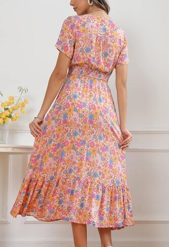 فستان نسائي طويل بوهيمي زهري كاجوال بأزرار سفلية للصيف فضفاض وخصر إمبراطوري فستان متأرجح عتيق in Kuwait