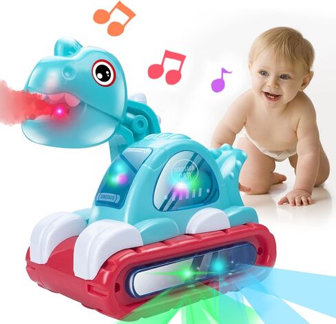 ألعاب أطفال موسيقية من UNIH مناسبة للأطفال بعمر عام واحد، ألعاب زحف للأطفال مع سيارة ديناصور مع رذاذ وأضواء ألعاب للأطفال من عمر 6 إلى 12-18 شهرًا in Kuwait