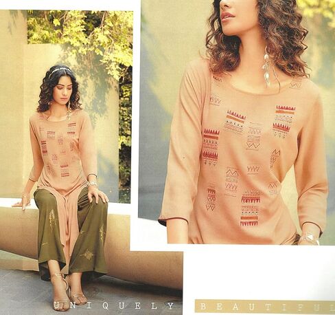 ladyline Rayon Cotton Plain Kurti with Pants Set Embroidered Foil Print Pant in Saudi Arabia