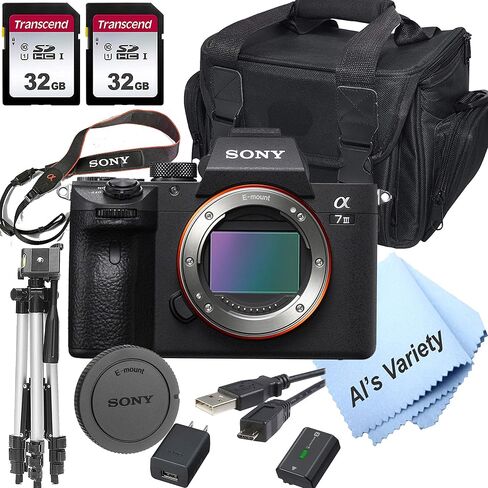 Sony Intl Sony a7 III Full-Frame Mirrorless Interchangeable-Lens Camera with 3-Inch LCD (Body Only), Tripod, Case, and More (11pc Bundle) (Renewed), Black in Saudi Arabia