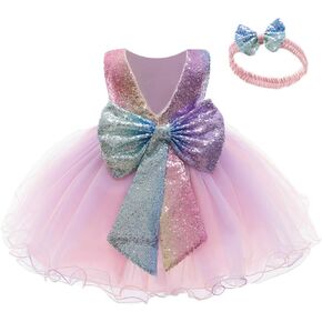 12M-6Y Baby Dress Sequins Bowknot Flower Girls Lace Wedding Pageant Tutu Gown Dresses with Headwear in Saudi Arabia