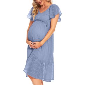 Swiss Dot Smocked Maternity Dress/V Neck Flutter Sleeve Midi Dress for Baby Shower Wedding Guest Photoshoot in Saudi Arabia