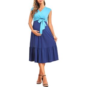 GoyRrbay Women's Maternity Dress 2023 V-Neck Sleeveless Casual Maternity Swing Dress Pregnancy Clothes with Belt