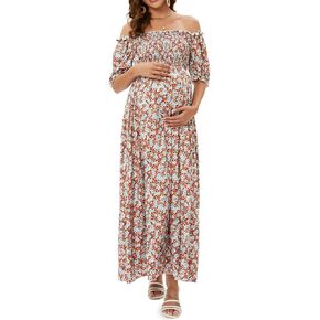 ZIUMUDY Off Shoulder Maternity Maxi Long Dress Baby Shower Photoshoot Side Split Party Dress