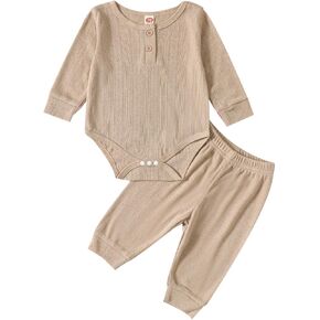 Thorn Tree Newborn Baby Boy Girl Clothes Cotton Knitted Fall Outfits Infant Solid Long Sleeve Romper Long Pants 2Pcs Suit in Saudi Arabia