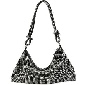 Valleycomfy Chic Rhinestone Purses for Women Sparkly Evening Handbag Bling Hobo Bag Shiny Silver Clutch Purse