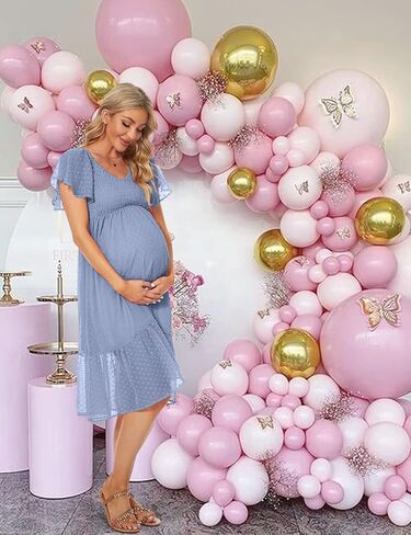 Swiss Dot Smocked Maternity Dress/V Neck Flutter Sleeve Midi Dress for Baby Shower Wedding Guest Photoshoot in Saudi Arabia