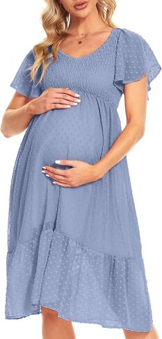 Swiss Dot Smocked Maternity Dress/V Neck Flutter Sleeve Midi Dress for Baby Shower Wedding Guest Photoshoot in Saudi Arabia