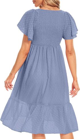 Swiss Dot Smocked Maternity Dress/V Neck Flutter Sleeve Midi Dress for Baby Shower Wedding Guest Photoshoot in Saudi Arabia