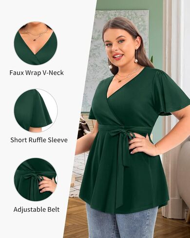 سترة علوية نسائية من Pinup Fashion بمقاس كبير وطباعة زهور وأكمام قصيرة وحزام صيفي وربطة عنق ملفوفة 1X-5X in Kuwait