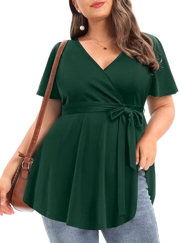 سترة علوية نسائية من Pinup Fashion بمقاس كبير وطباعة زهور وأكمام قصيرة وحزام صيفي وربطة عنق ملفوفة 1X-5X in Kuwait