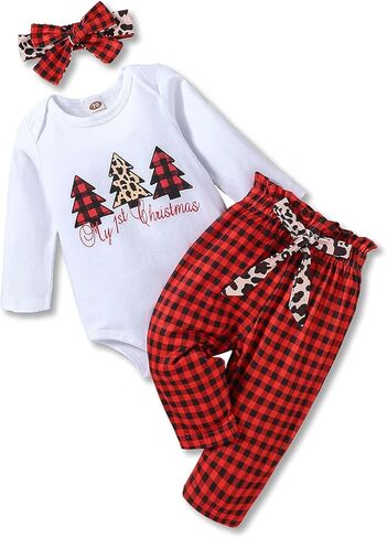 AMAWMW ملابس الكريسماس للفتيات حديثي الولادة، رومبير عيد الميلاد الأول، بنطال منقوش، عصابة رأس، مجموعة ملابس للفتيات الصغيرات in Kuwait