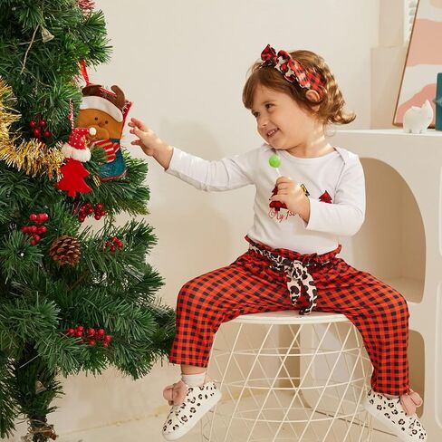 AMAWMW ملابس الكريسماس للفتيات حديثي الولادة، رومبير عيد الميلاد الأول، بنطال منقوش، عصابة رأس، مجموعة ملابس للفتيات الصغيرات in Kuwait