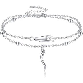 YAFEINI Italian Horn Hand Anklet Sterling Silver Cornicello and Mano Cornuto Layered Ankle Bracelet Italian Good Luck Protection Amulet Jewelry for Women Girls Gifts in Saudi Arabia