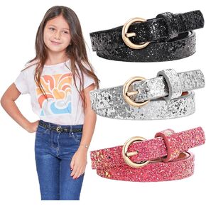 WERFORU 4 Pack 3 Pack Kids PU Leather Skinny Glitter Waist Belt for Girls Boys Child Thin Shiny Waist Belt for Jeans Dress in Kuwait