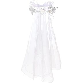 Funsveta Girls First Communion Veil White Floral Crown with Pearls Headpiece for Communion Day