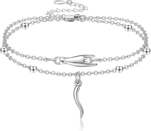 YAFEINI Italian Horn Hand Anklet Sterling Silver Cornicello and Mano Cornuto Layered Ankle Bracelet Italian Good Luck Protection Amulet Jewelry for Women Girls Gifts in Kuwait