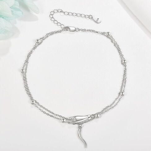 YAFEINI Italian Horn Hand Anklet Sterling Silver Cornicello and Mano Cornuto Layered Ankle Bracelet Italian Good Luck Protection Amulet Jewelry for Women Girls Gifts in Kuwait