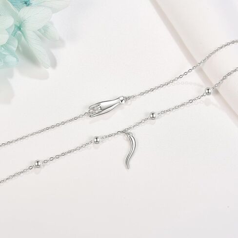 YAFEINI Italian Horn Hand Anklet Sterling Silver Cornicello and Mano Cornuto Layered Ankle Bracelet Italian Good Luck Protection Amulet Jewelry for Women Girls Gifts in Kuwait