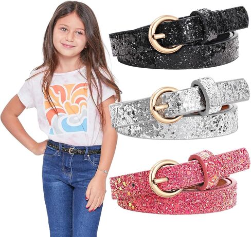WERFORU 4 Pack 3 Pack Kids PU Leather Skinny Glitter Waist Belt for Girls Boys Child Thin Shiny Waist Belt for Jeans Dress in Kuwait