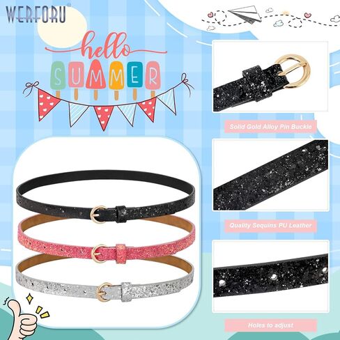 WERFORU 4 Pack 3 Pack Kids PU Leather Skinny Glitter Waist Belt for Girls Boys Child Thin Shiny Waist Belt for Jeans Dress in Kuwait