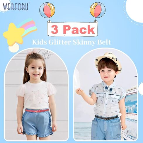 WERFORU 4 Pack 3 Pack Kids PU Leather Skinny Glitter Waist Belt for Girls Boys Child Thin Shiny Waist Belt for Jeans Dress in Kuwait