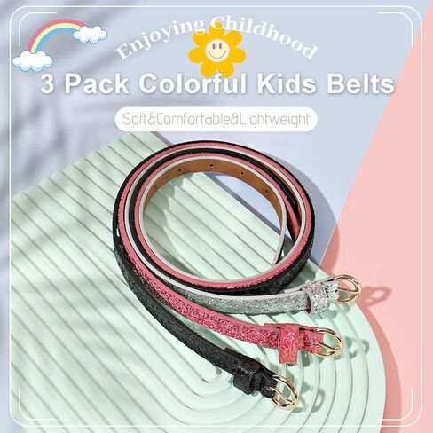 WERFORU 4 Pack 3 Pack Kids PU Leather Skinny Glitter Waist Belt for Girls Boys Child Thin Shiny Waist Belt for Jeans Dress in Kuwait