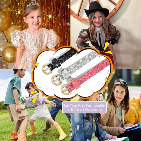 WERFORU 4 Pack 3 Pack Kids PU Leather Skinny Glitter Waist Belt for Girls Boys Child Thin Shiny Waist Belt for Jeans Dress in Kuwait