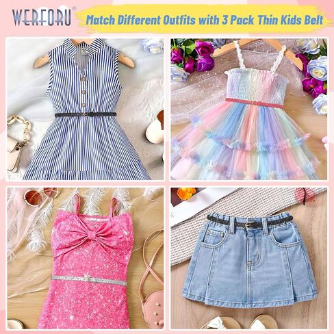 WERFORU 4 Pack 3 Pack Kids PU Leather Skinny Glitter Waist Belt for Girls Boys Child Thin Shiny Waist Belt for Jeans Dress in Kuwait