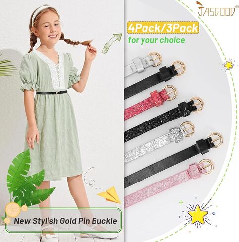JASGOOD 4 Pack 3 Pack Kids Skinny Belts Glitter PU Leather Belt for Girls Colorful Girl Belt with Gold Buckle for Jeans Dress in Kuwait