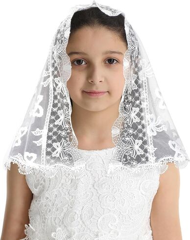 حجاب Mantveil الأول للفتيات: حجاب كنيسة مانتيلا من الدانتيل على شكل قوس لاتيني، غطاء رأس الكنيسة للمعمودية الكاثوليكية in Kuwait