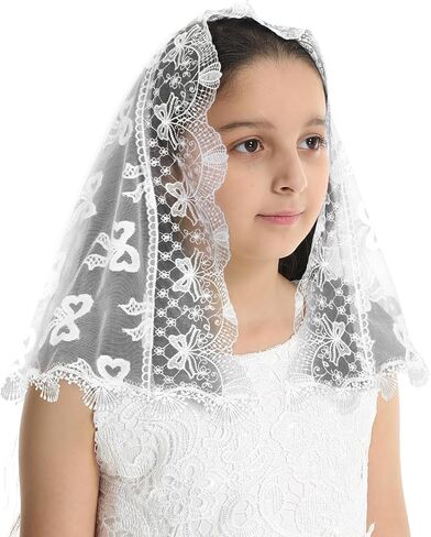 حجاب Mantveil الأول للفتيات: حجاب كنيسة مانتيلا من الدانتيل على شكل قوس لاتيني، غطاء رأس الكنيسة للمعمودية الكاثوليكية in Kuwait