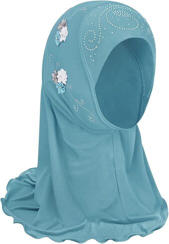 Girls Muslim Hijab Floral Lace Head Scarf Islamic Arab Scarf Shawls Head Wrap with Flowers Rhinestones for Girls in Saudi Arabia