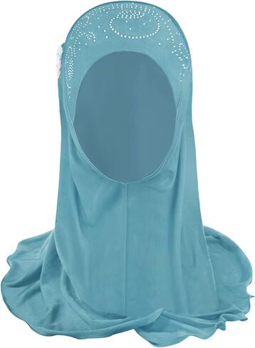 Girls Muslim Hijab Floral Lace Head Scarf Islamic Arab Scarf Shawls Head Wrap with Flowers Rhinestones for Girls in Saudi Arabia