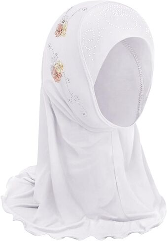 Girls Muslim Hijab Floral Lace Head Scarf Islamic Arab Scarf Shawls Head Wrap with Flowers Rhinestones for Girls in Saudi Arabia