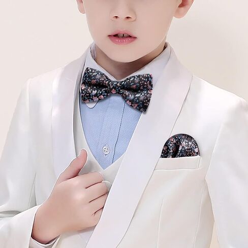 YOHOWA Boys Child Kids Bow ties Paisley Floral Handkerchief Set - Adjustable Pre-Tied Elegant Wedding Party Bowties in Kuwait