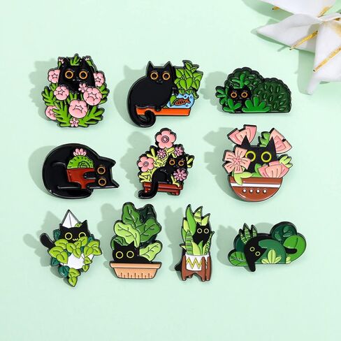 دبابيس المينا القط بوعاء لحقائب الظهر، دبابيس القط الكرتون الأسود للنساء فتاة لطيف الحيوان المينا بروش دبابيس شارات الملابس السترات الهدايا DIY in Kuwait