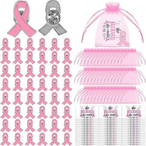 Zeyune 150 Pcs Breast Cancer Awareness Gift Breast Cancer Party Favor Supplies Pink Ribbon Lapel Pins Breast Cancer Greeting Cards Pink Festival Gift Bags Accessories for Women Girl in Saudi Arabia