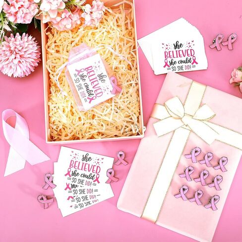 Zeyune 150 Pcs Breast Cancer Awareness Gift Breast Cancer Party Favor Supplies Pink Ribbon Lapel Pins Breast Cancer Greeting Cards Pink Festival Gift Bags Accessories for Women Girl in Saudi Arabia