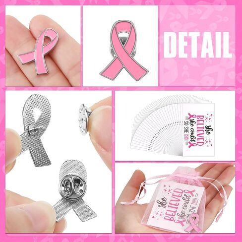 Zeyune 150 Pcs Breast Cancer Awareness Gift Breast Cancer Party Favor Supplies Pink Ribbon Lapel Pins Breast Cancer Greeting Cards Pink Festival Gift Bags Accessories for Women Girl in Saudi Arabia