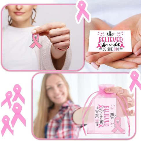 Zeyune 150 Pcs Breast Cancer Awareness Gift Breast Cancer Party Favor Supplies Pink Ribbon Lapel Pins Breast Cancer Greeting Cards Pink Festival Gift Bags Accessories for Women Girl in Saudi Arabia