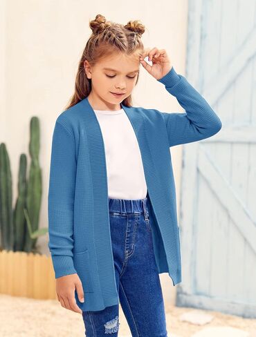 سترة محبوكة كاجوال بأكمام طويلة للفتيات من Knitswegan للأطفال مفتوحة من الأمام، سترة كبيرة الحجم منسوجة ناعمة مع جيوب in Kuwait