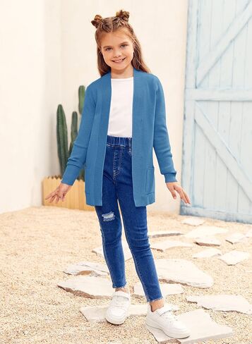 سترة محبوكة كاجوال بأكمام طويلة للفتيات من Knitswegan للأطفال مفتوحة من الأمام، سترة كبيرة الحجم منسوجة ناعمة مع جيوب in Kuwait