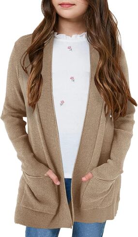 سترة محبوكة كاجوال بأكمام طويلة للفتيات من Knitswegan للأطفال مفتوحة من الأمام، سترة كبيرة الحجم منسوجة ناعمة مع جيوب in Kuwait