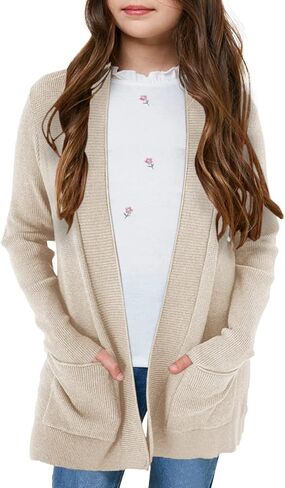 سترة محبوكة كاجوال بأكمام طويلة للفتيات من Knitswegan للأطفال مفتوحة من الأمام، سترة كبيرة الحجم منسوجة ناعمة مع جيوب in Kuwait