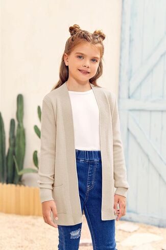 سترة محبوكة كاجوال بأكمام طويلة للفتيات من Knitswegan للأطفال مفتوحة من الأمام، سترة كبيرة الحجم منسوجة ناعمة مع جيوب in Kuwait