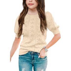 Batermoon Girls' Puff Short Sleeve Sweaters Crewneck Hollow Out Knit Pullover Tops